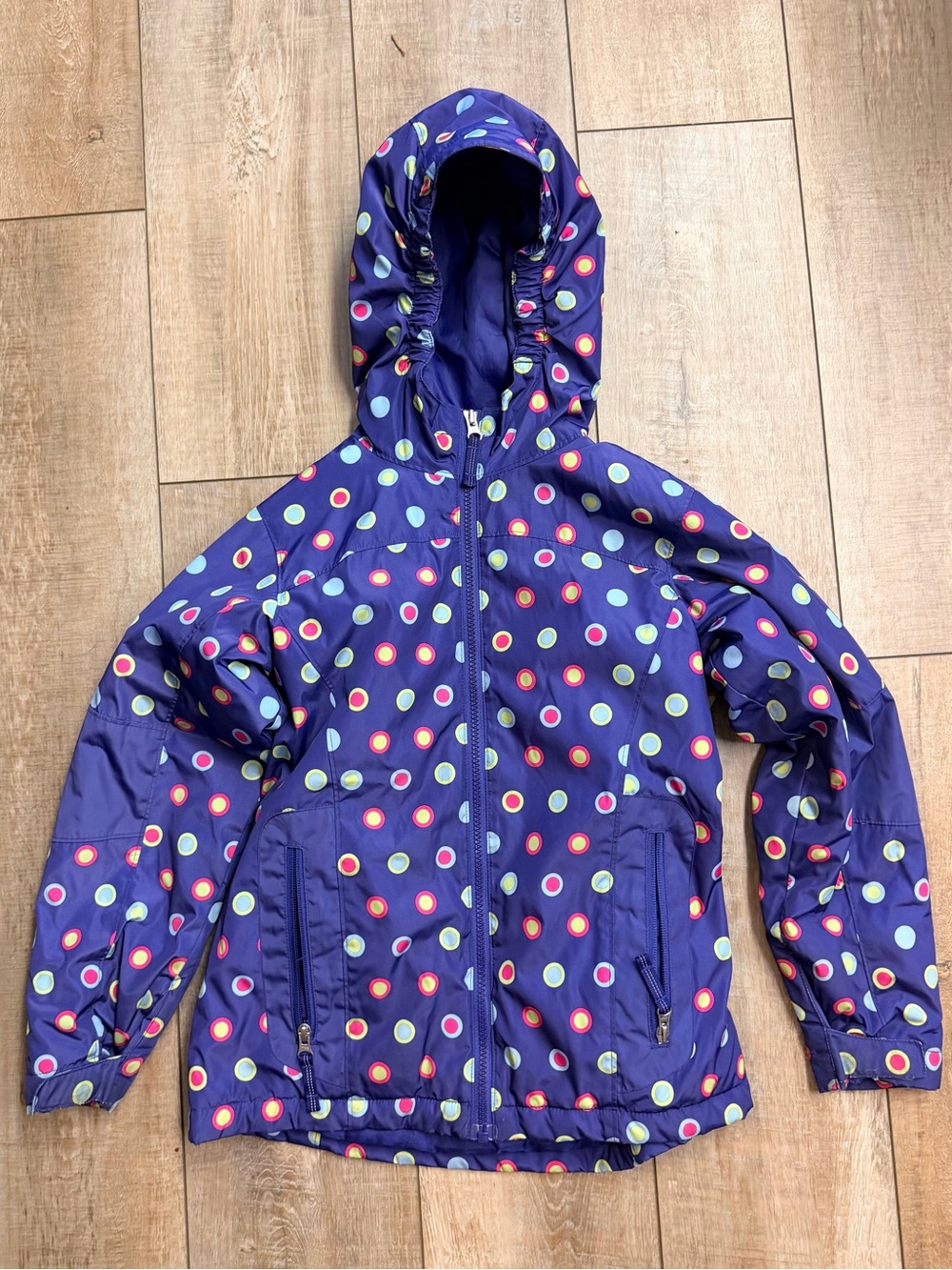 Kids Waterproof Hooded Jacket - Purple Polka Dot Size 7/8